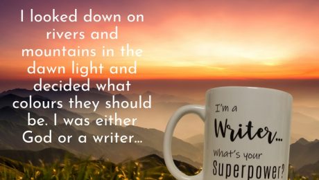 An Australian crime fiction writer’s coffee mug in a sunset scene with inscription saying storytelling matters