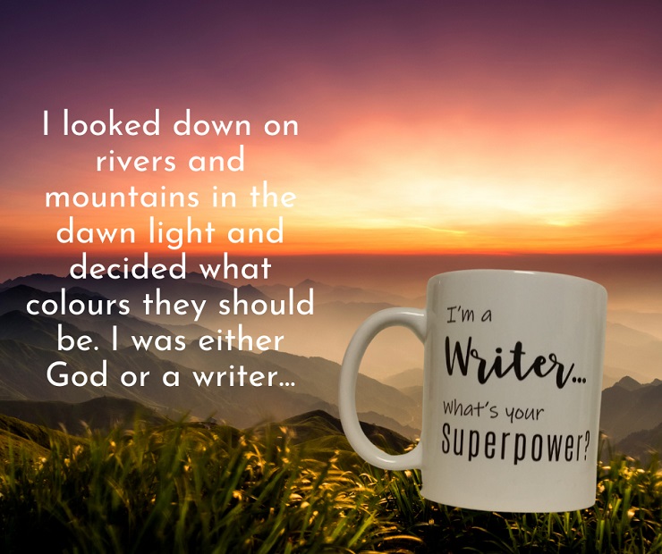 An Australian crime fiction writer’s coffee mug in a sunset scene with inscription saying storytelling matters