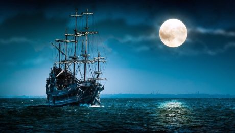 Sailing ship at in moonlight. Scene from best Australian mystery novel by Robert Barclay