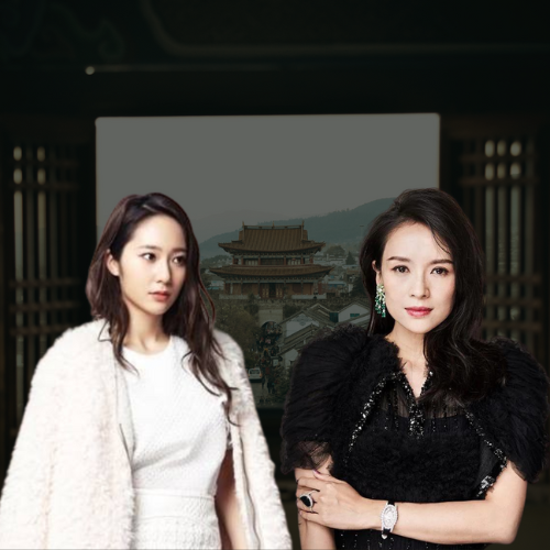 Two Asian women standing in front of a Chinese pagoda