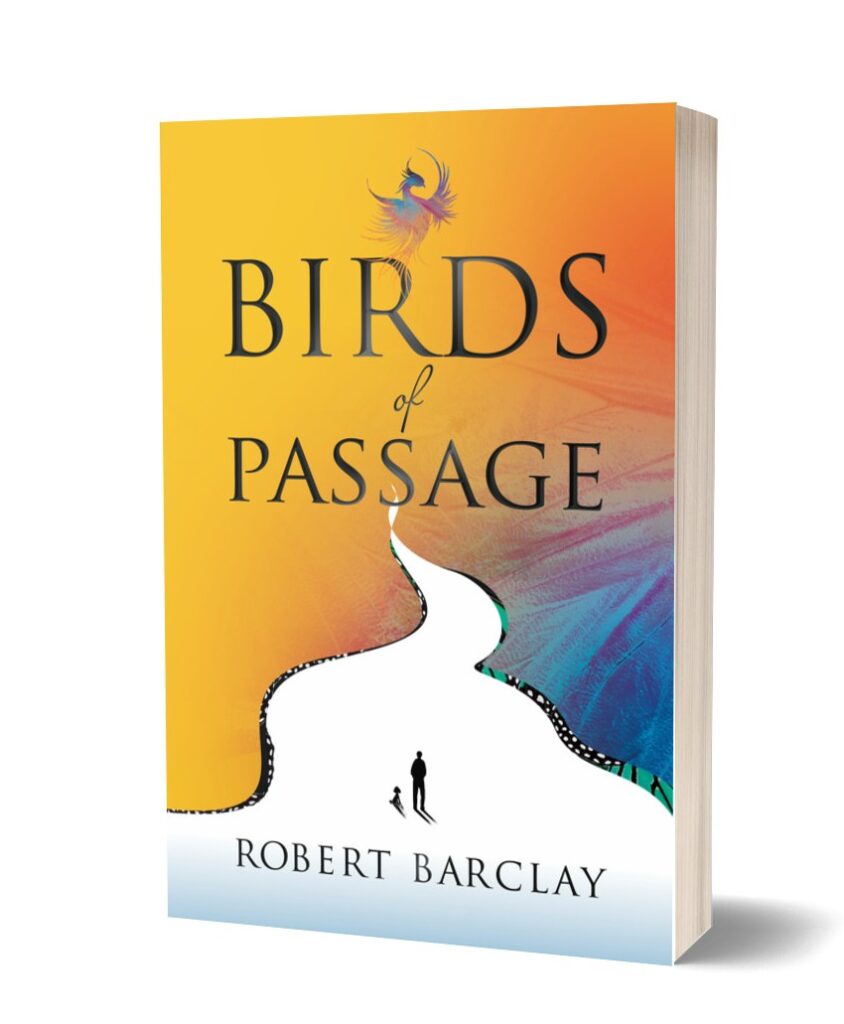 Book cover of classic literature showing man with dog on a journey with Mythic bird