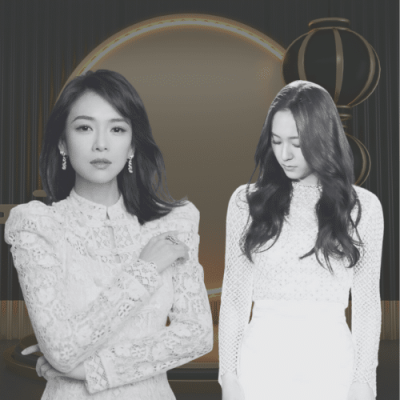 Two elegant Asian women in white dresses
